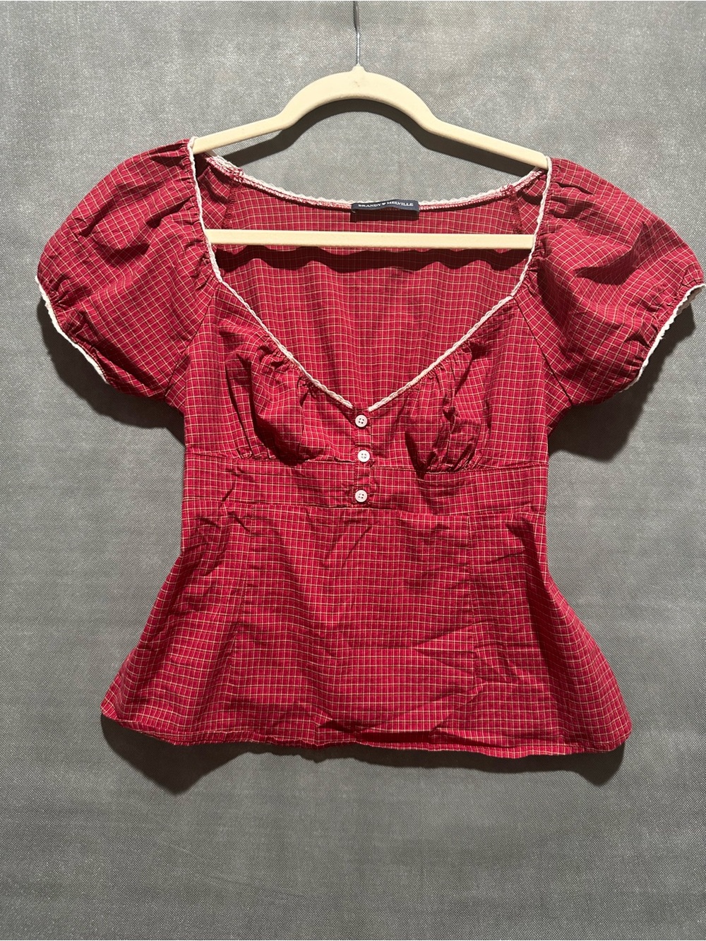 Brandy Melville Red Plaid Milkmaid Puff Sleeve Top Smocked Lace Trim OS